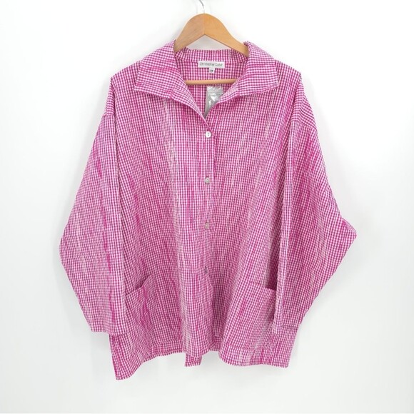Christopher Calvin Gingham Button Up Top Textured Lagenlook Pink Coastal NWT - Picture 2 of 13